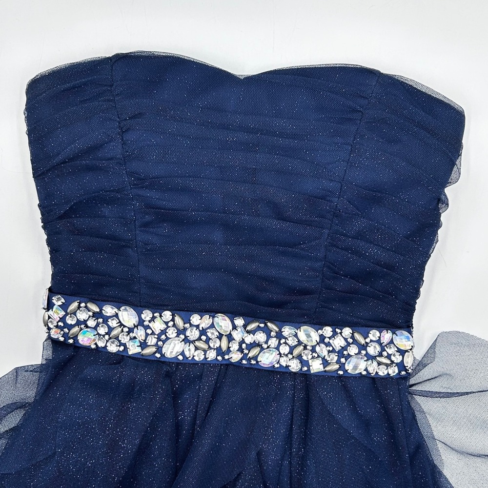 Teeze Me Navy Blue Glitter Tulle Strapless Ruffle Party Dress Rhinestone Belt 3 - Picture 5 of 9